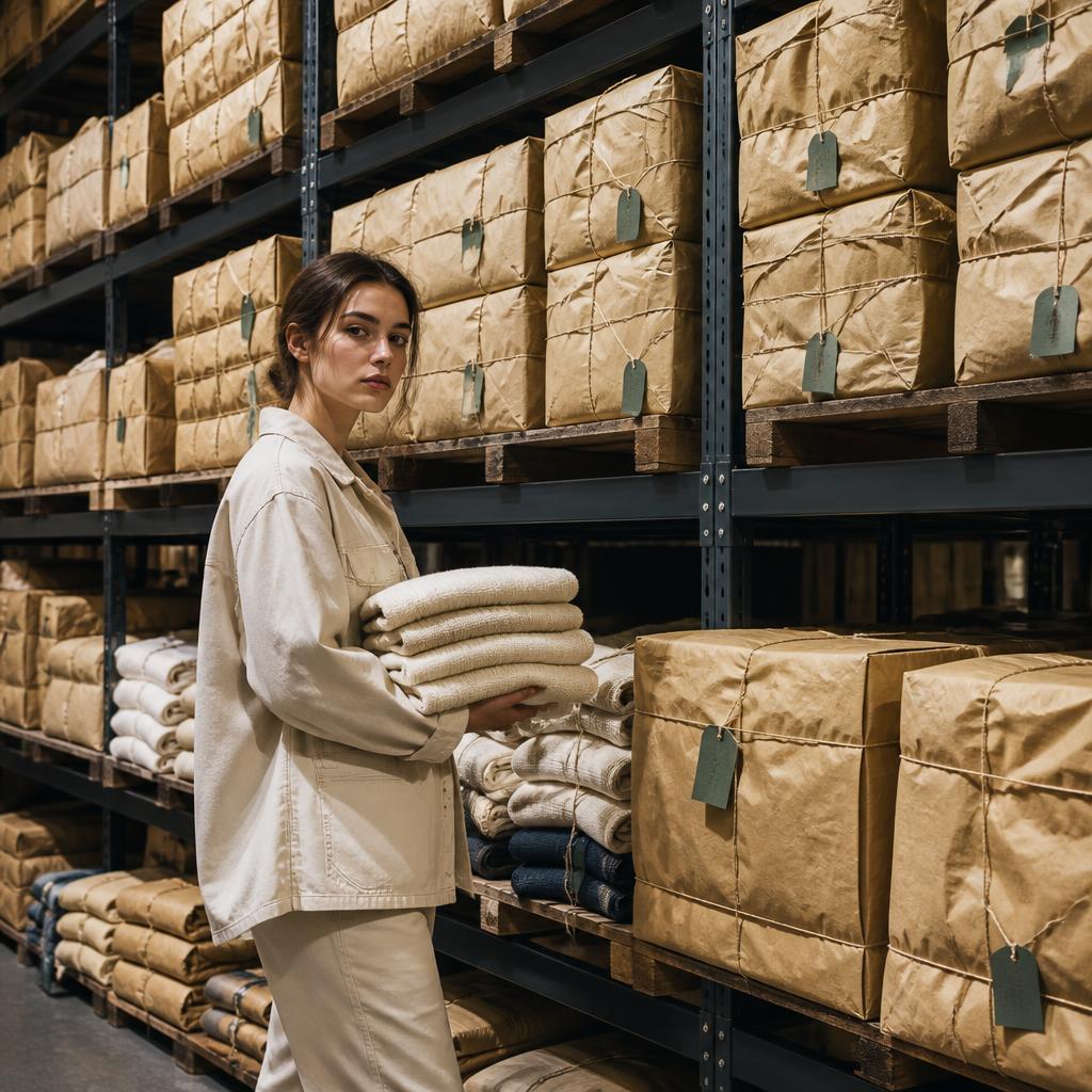 Warehouse worker holding folded vintage clothing bales beside industrial shelving