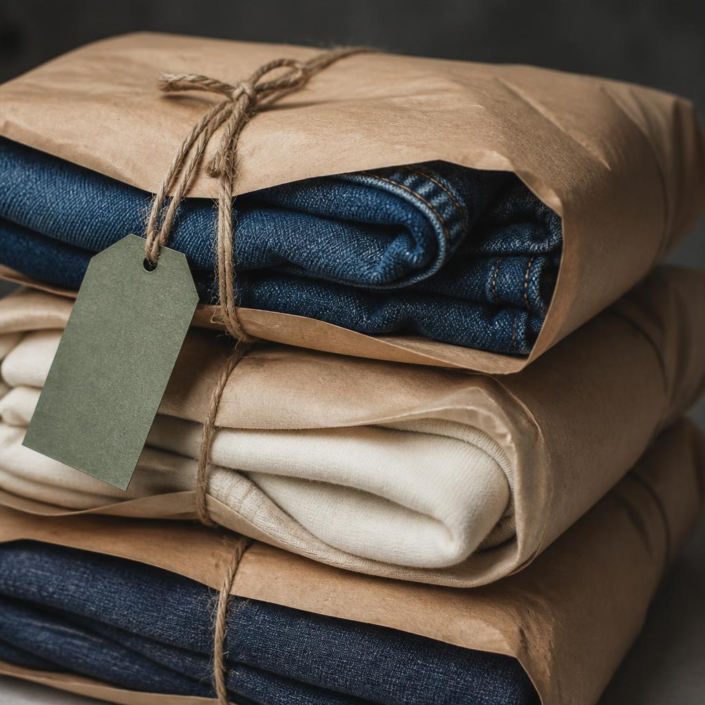 Neatly folded vintage denim and cream sweatshirts wrapped in recycled kraft paper