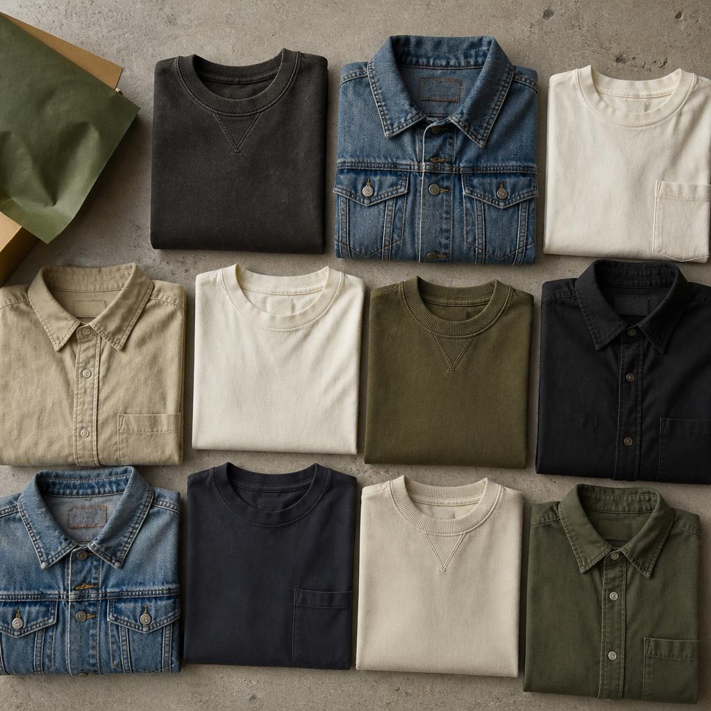 Curated handpicked vintage clothing flat-lay including denim jackets and shirts
